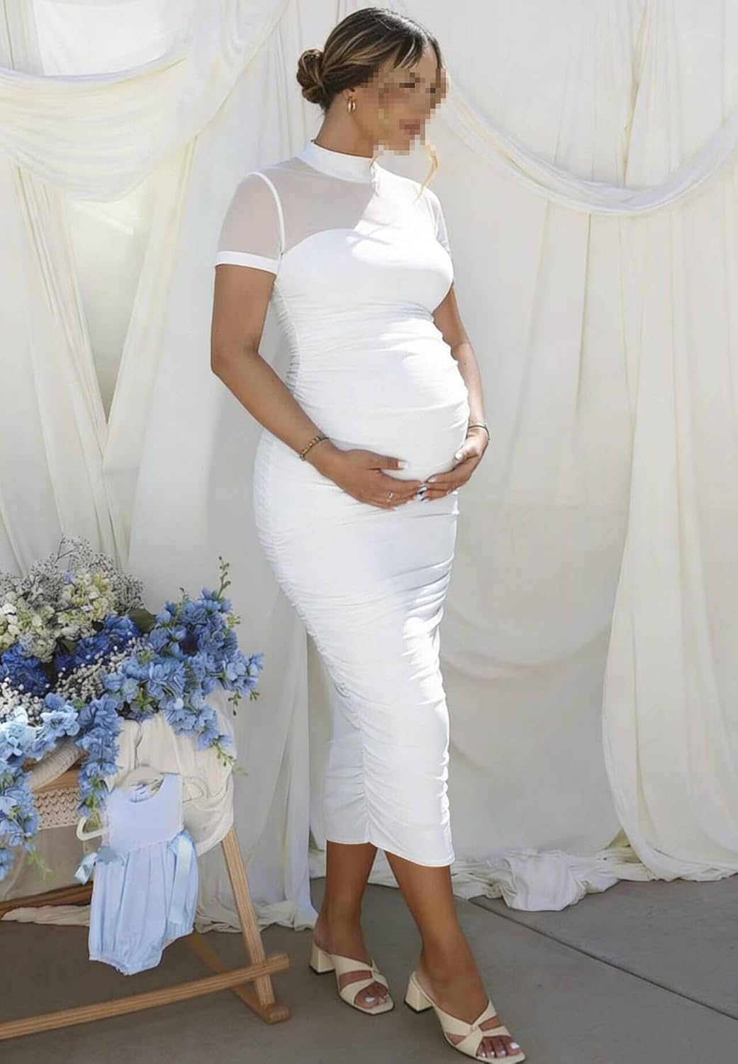 Maternity Mesh Short Sleeve Mock Neck Ruched Bodycon Pregnancy Midi Dress Baby Shower Photoshoot Back Zipper