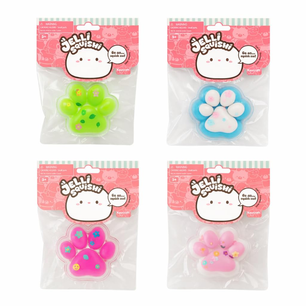 Jelli Squishi Paw Squishy Toy (4 Pack) – Sensory Fidget Stress Relief Toy for Kids – Soft Jelly Squeeze Kavaii Taba Mochi Toy – Random Colours