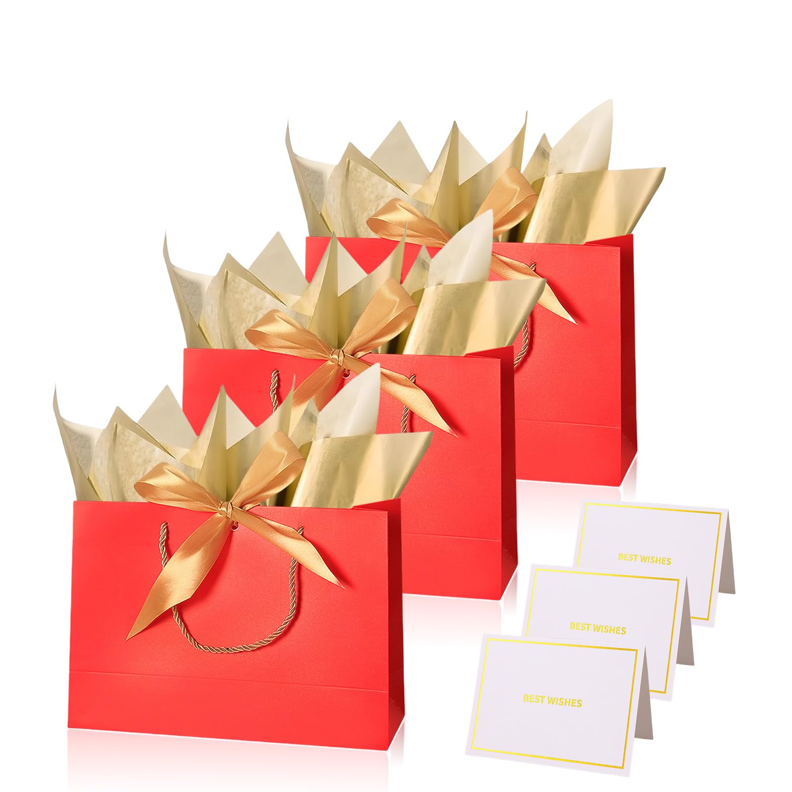Red Gift Bags for Presents,3P Medium Present Bags with 6 Metallic Gold Tissue/3 Card,Personalised Birthday Gift Paper Bag with Ribbon,28*20*10 Red Wrapping Bag for Christmas Wedding Gift Party Bag — image 1