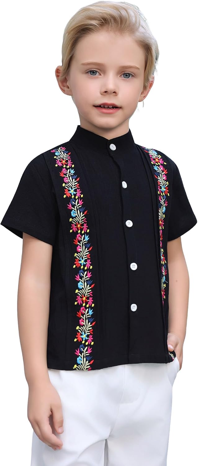 ABAFIP Boy's Mexican Shirt Short Sleeve Floral Embroidery Traditional Button Down Casual Shirt