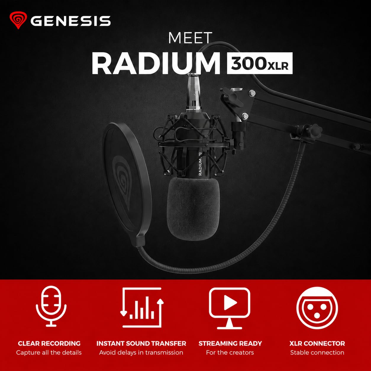 Genesis Radium 300 Studio XLR - Microfono professionale con braccio e filtro Pop, connessione XLR, Cardiode