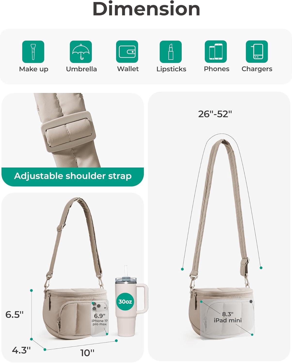 BAGSMART Puffer Crossbody Bum Bags for Women, Small Cross Body Purses for Women Travel & Work, Quilted Water-resistant Hobo | 4L, Quilted, Puffy, Mom, Everyday bag - Image 3