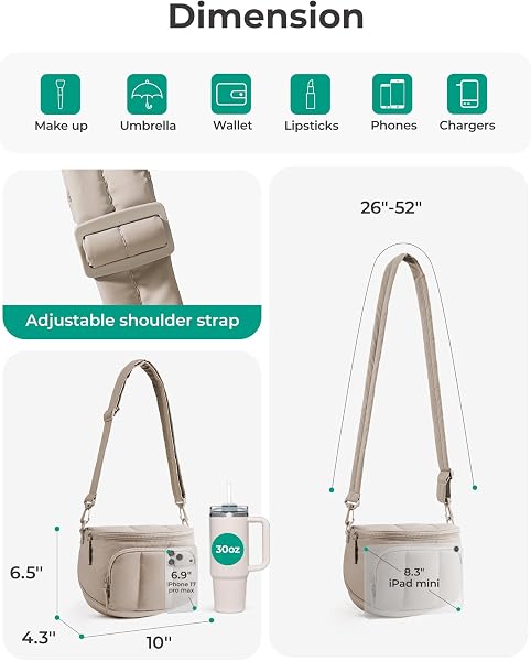BAGSMART Spacious Puffy Bum Bags for Women, Crossbody Fanny Packs for Travel & Work, Waterproof Coated Mom Bag | 5L Roomy Purses, Large Fanny Pack, ideal for Moms, Long Outings, Everyday bum bag, Puffer, Nylon - 4