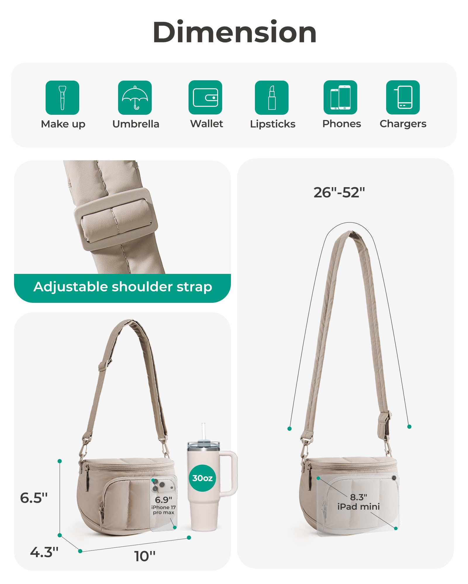 BAGSMART Spacious Puffy Bum Bags for Women, Crossbody Fanny Packs for Travel & Work, Waterproof Coated Mom Bag | 5L Roomy Purses, Large Fanny Pack, ideal for Moms, Long Outings, Everyday bum bag, Puffer, Nylon — view 4