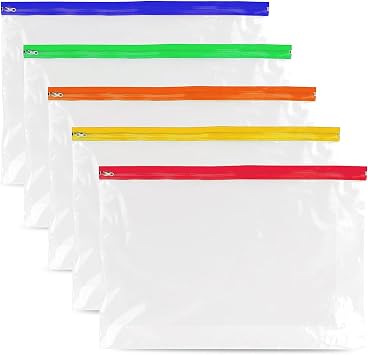 Pack of 5 A4 Plus Zipper Pouch Document Bags Wallets - 370mm x 260mm Assorted Color, File Storage Zip Bag - Ziplock Document Holder