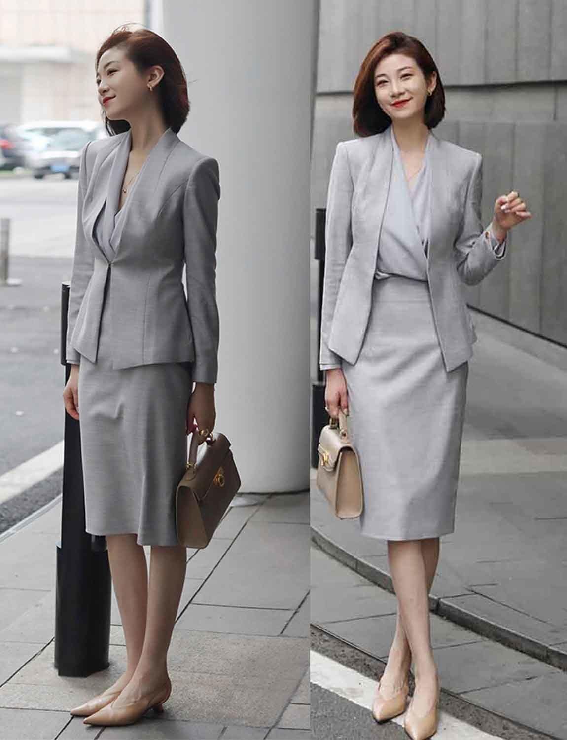 Women's Business Suit Office Work Collarless Jacket and Skirt Uniform Tuxedos