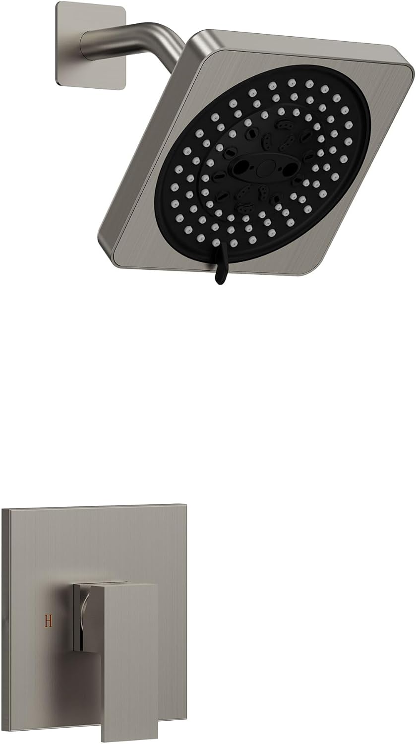 Brushed Nickel 7-Spray Square Rainfall Shower Head System, Pressure-Balanced Valve Trim Kit, Adjustable Overhead Shower (Valve Included)