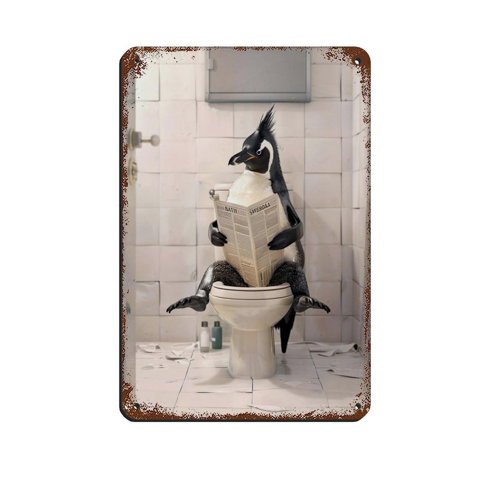 Penguin Sitting on The Toilet Reading A Newspaper (5) Tin Sign Vintage Metal Pub Club Cafe Bar Home Wall Art Decoration Poster Retro 8x12inch(20x30cm)