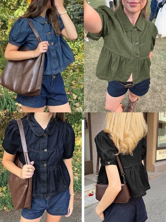 Yousify Womens Button Down Denim Shirts Short Puff Sleeve Babydoll Peplum Casual Jean Tops Summer Ruffle Flowy Blouses - Image 6