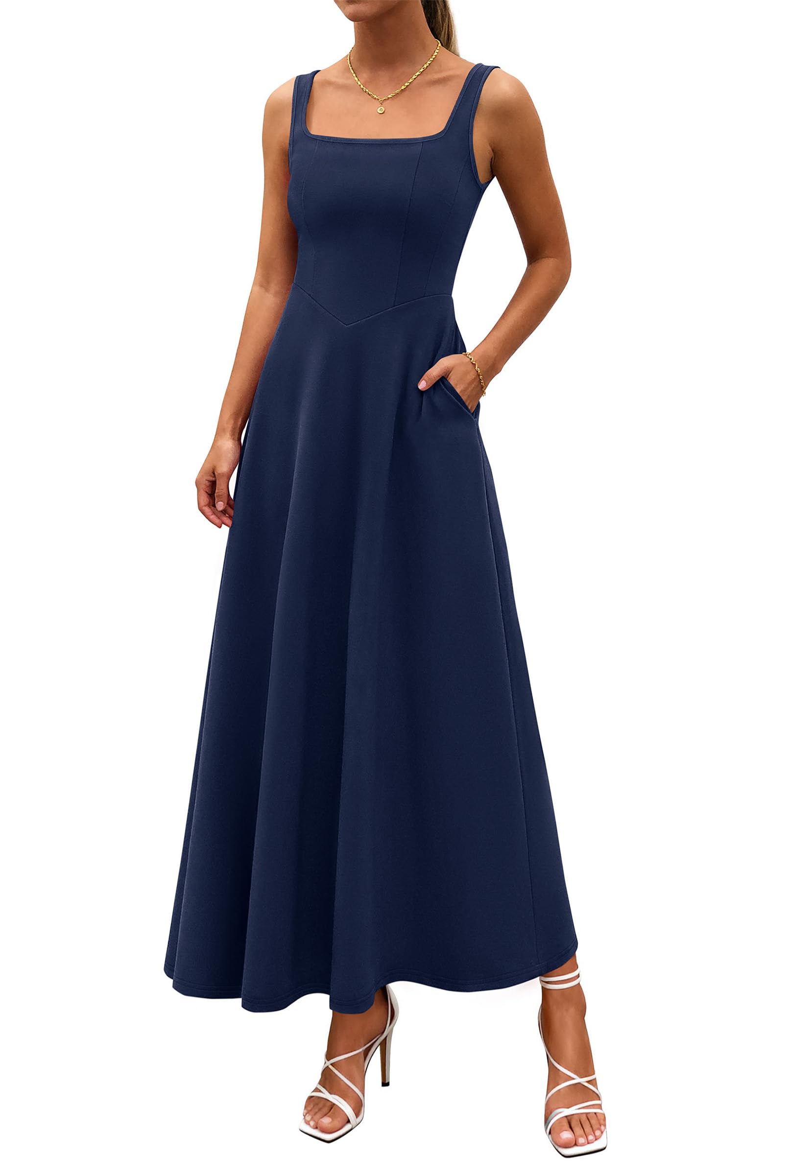 Photo 1 of PRETTYGARDEN Womens Summer Dresses 2026 Sleeveless Elegant Square Neck Aline Swing Maxi Beach Wedding Guest Dress Pockets (Navy,Large)