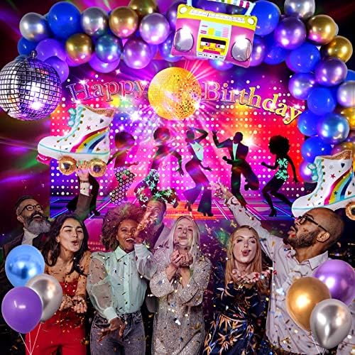 Disco Theme Party Decorations 70s 80s 90s Nostalgia Party Supplies Include Dancers Backdrop,Neon Strobe Light,Vintage Boombox & Roller Skate Balloon,Disco Ball for Adults Birthday and Hip Hop Party