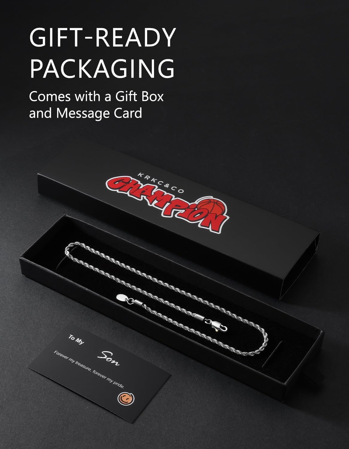 KRKC&CO Rope Chain Necklace for Men, Packaging with Gift Box & Card on Birthday from Mom Dad, 18K / White Gold Plated Chains, Hypoallergenic 316L Stainless Steel, Durable Men Jewelry, 3mm 16-26in - Image 6