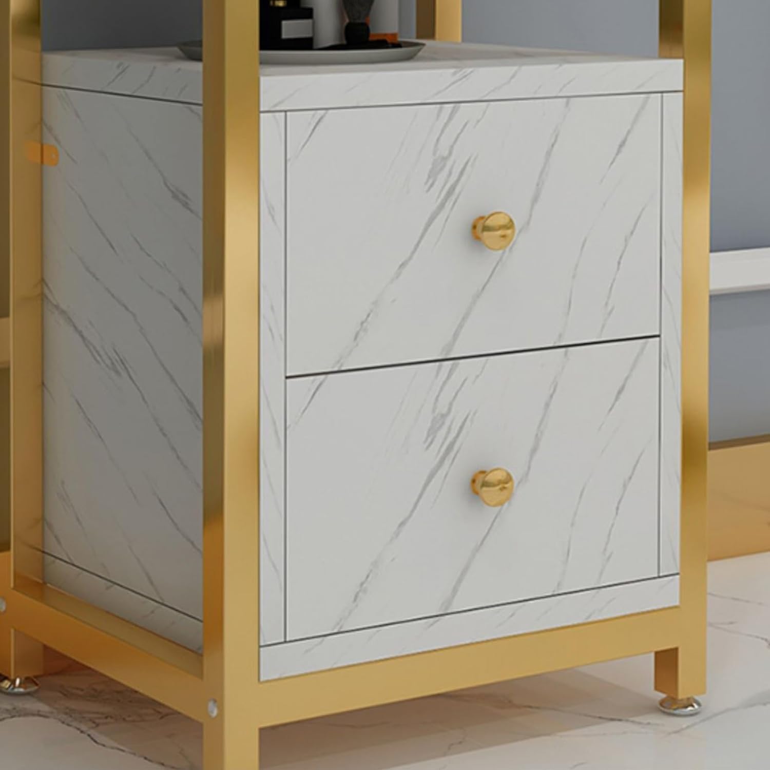 Wózek na kółkach do salonu, rama ze stali węglowej, wózek do salonu, regulowane nóżki, wózek do salonu z szafką i kołem, wózek do salonu(Gold Frame+pattern)