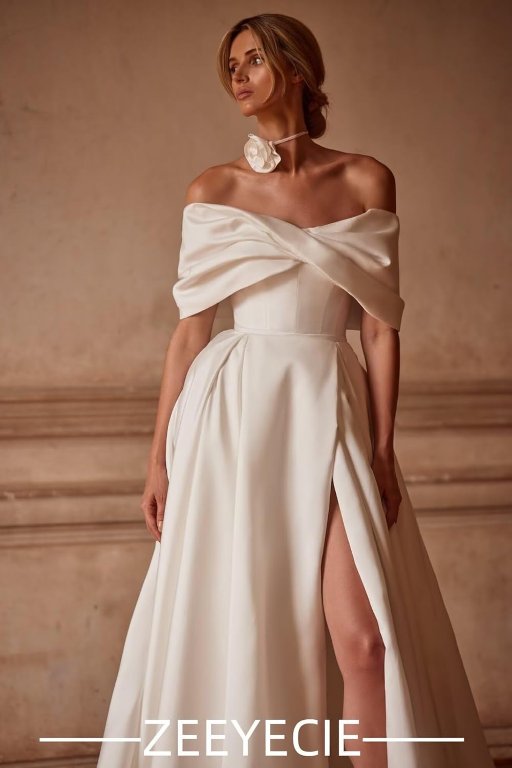 Zeeyecie Off the Shoulder Satin Wedding Dresses A-Line Beaded Lace Applique Sparkly Bridal Gowns for Brides with Train