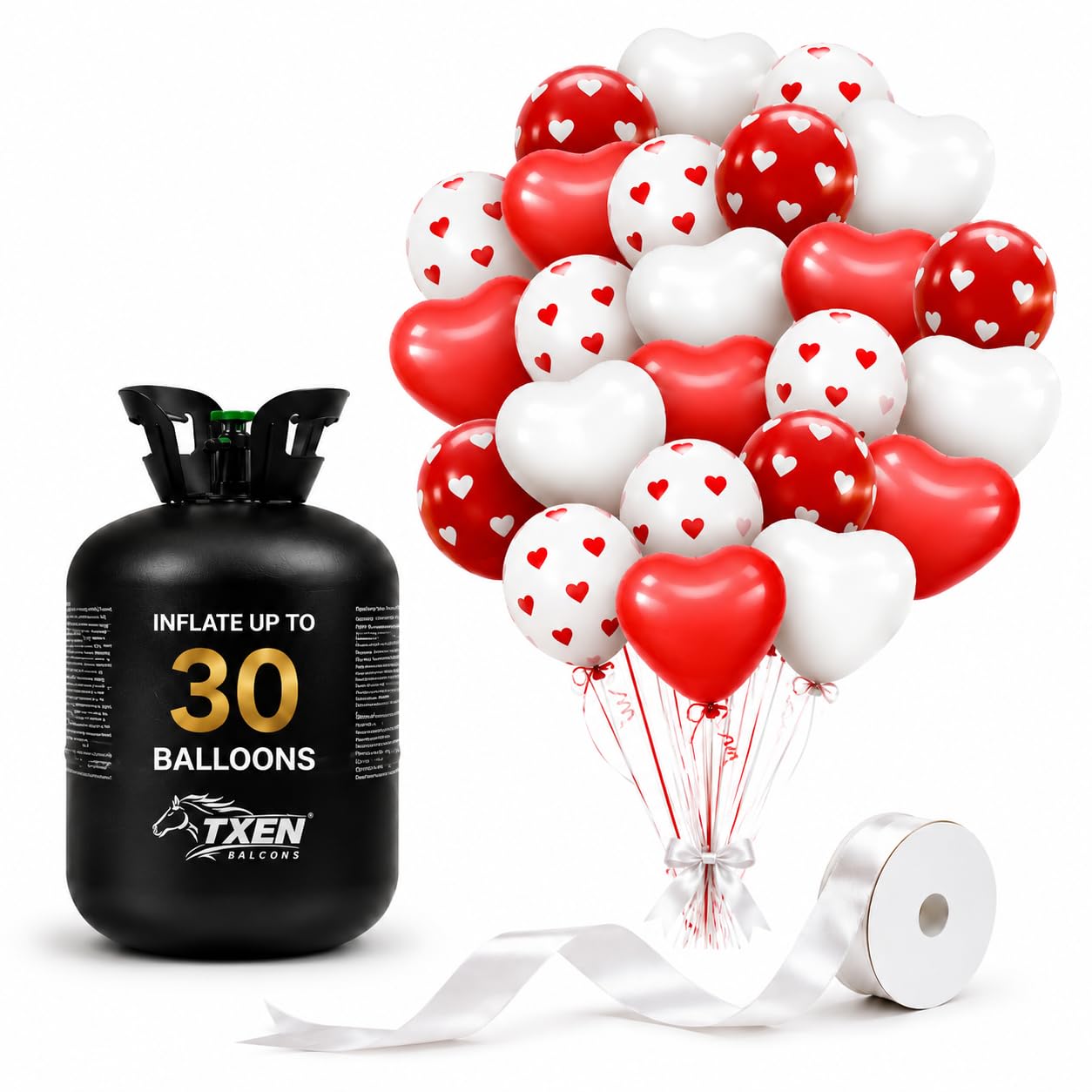 TXEN 7L Disposable Helium Balloon Canister with 50 Balloons Included Inflates Up to 30 Balloons | 100% Pure Helium Tank for Balloons | Red, White & Heart Print Balloons for Valentine's Day (7L)
