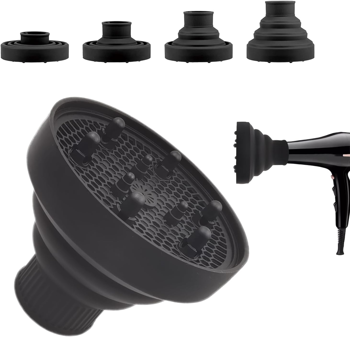 Silicone Diffuser, Curly Hair Diffuser, Portable Curly Hair Diffuser, Adaptable to Hair Dryer with Diameter 4.4-4.8 cm, Foldable and Reusable (Black)