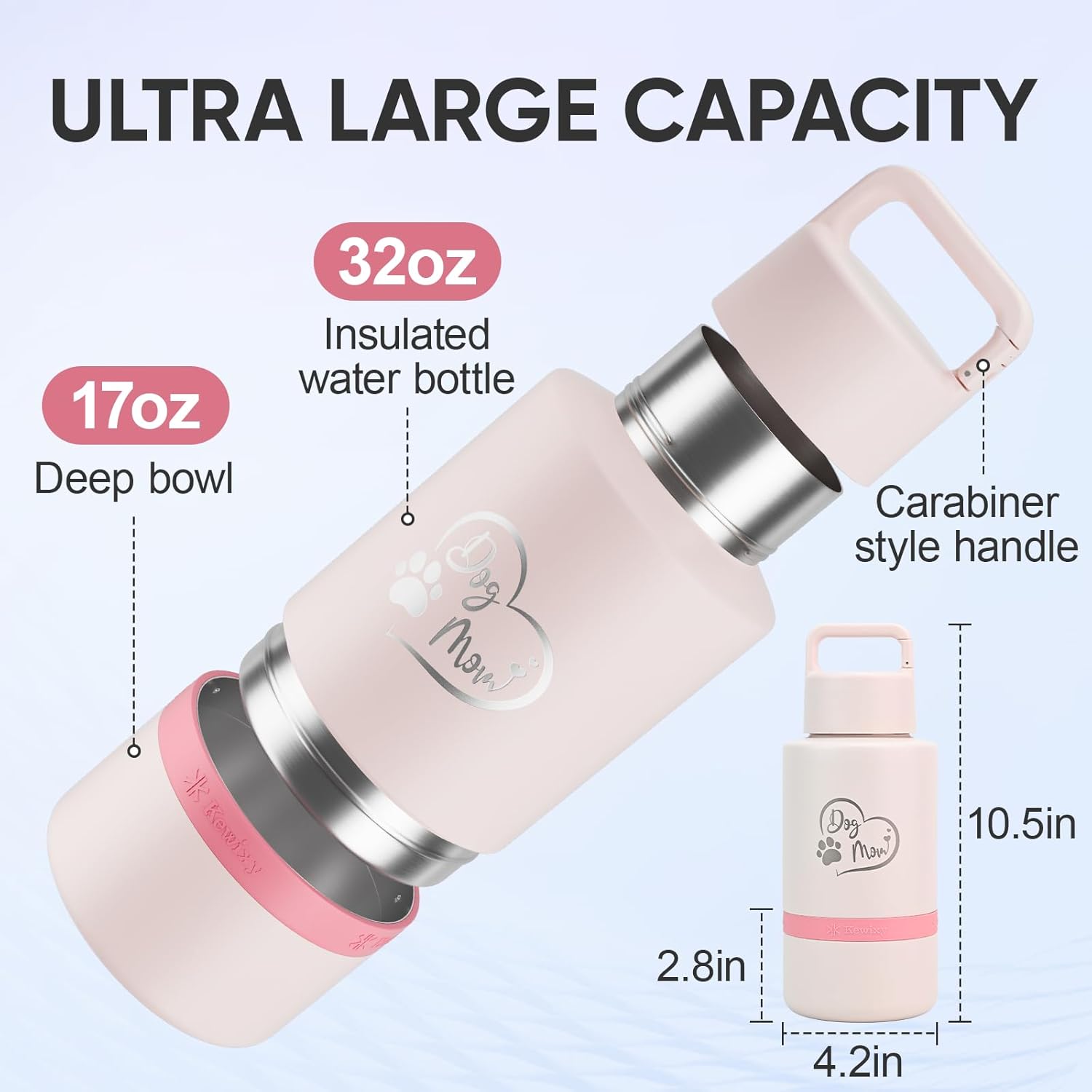 Dog Mom Gift, Insulated Dog Water Bottle with Travel Bowl, Women Christmas, Birthday for DogLover, Portable Water Bottle Dispenser, Accessories for Car, Camping, Outdoor, Detachable (DogMom-PalePink) - Image 5