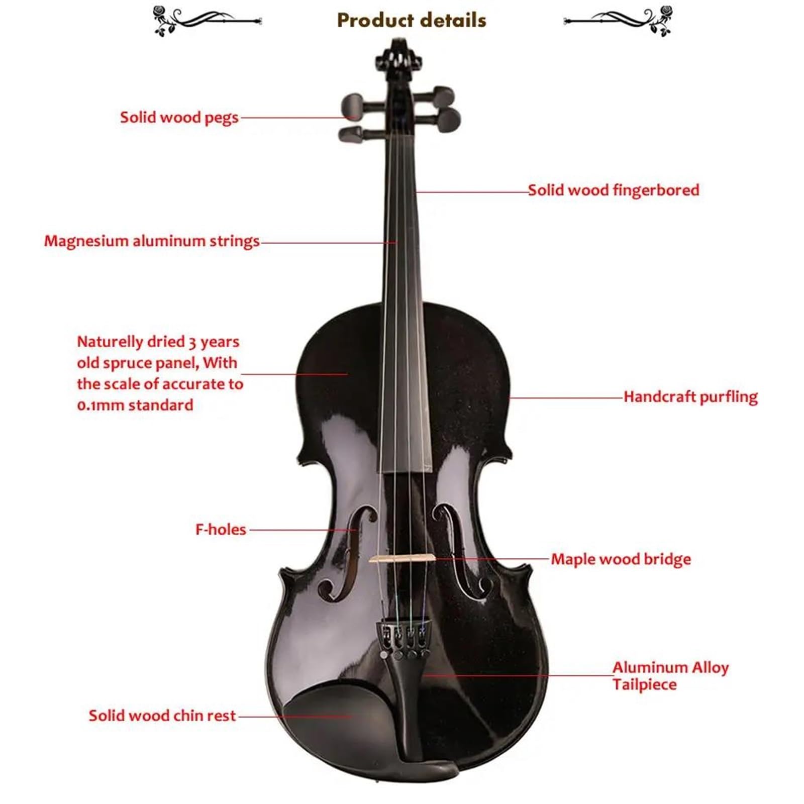 Kit Di Violino Professionale Principiante In Legno Massello 4/4 3/4 1/2 1/4 Violino Violino Set Completo Accessori Violino Nero(4/4)