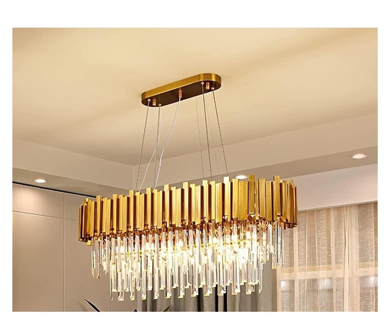 HYJAUSXB Indoor Led Ceiling Pendant, Chandeliers Crystal Gold Oval Lamp Clear Prismatic Crystals Shade Pendant Lights Height Adjustable Hanging Light,Foyer