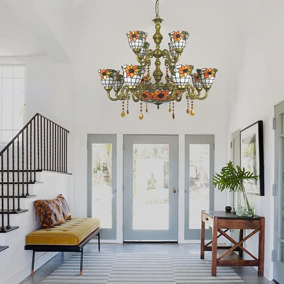 Double Layer 13-Light Hanging Chandelier Classic TiffanyStyle Flower Pattern Stained Glass Pendant Light for Living Room Foyer Stairs Ceiling Lighting Fixture 35.4in W×47.2in H (90×120 cm)