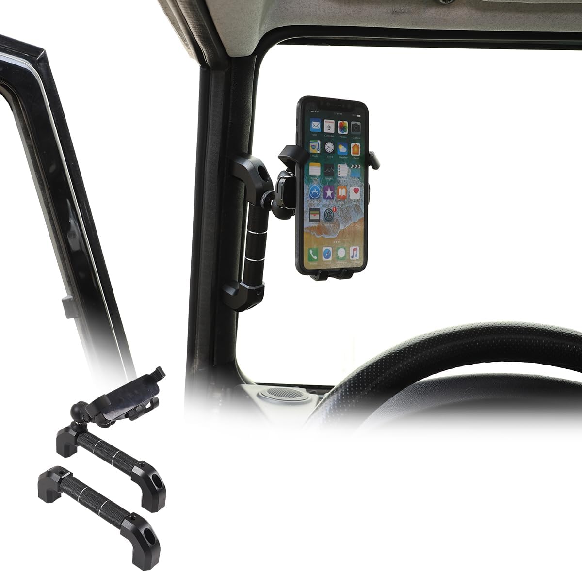 Car Interior Door Grab Handle Trim with Car Mobile Phone Holder Compatible with Land Rover Defender 2004-2018 Car A-Pillar Handle Mobile Phone Bracket GPS Navigation Bracket (Style A, Black)