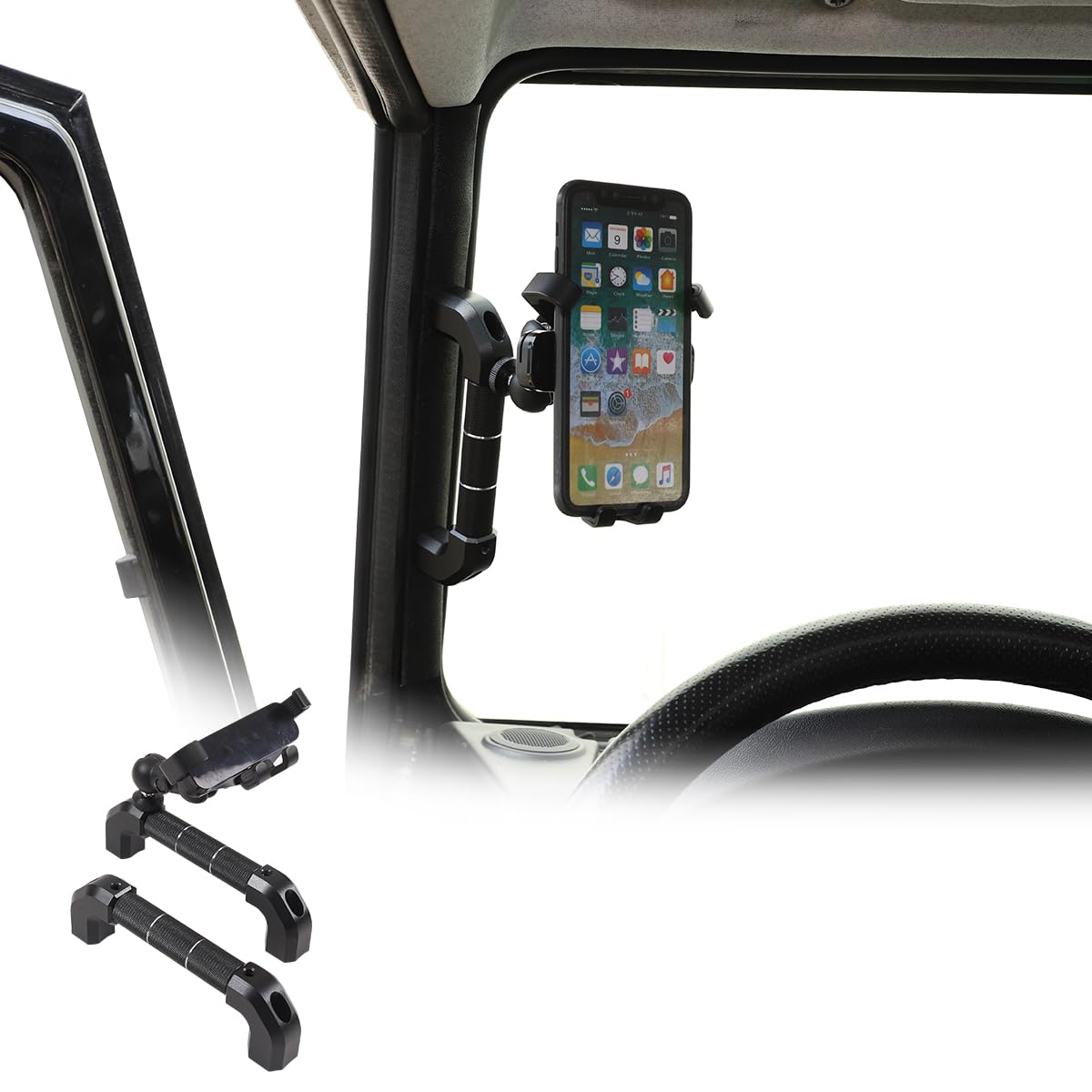 JONKOKO Car Interior Door Grab Handle Trim with Car Mobile Phone Holder Compatible with Land Rover Defender 2004-2018 Car A-Pillar Handle Mobile Phone Bracket GPS Navigation Bracket (Style A, Black)