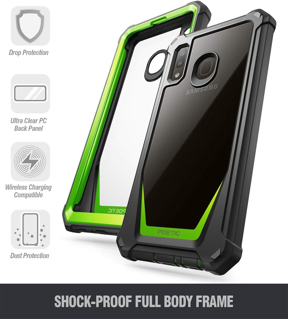 Galaxy A20 Rugged Clear Case, Galaxy A30 Case, Poetic Full-Body Hybrid Shockproof Bumper Cover, Built-in-Screen Protector, Guardian Series, Case for Samsung Galaxy A20 / Galaxy A30, Green/Clear