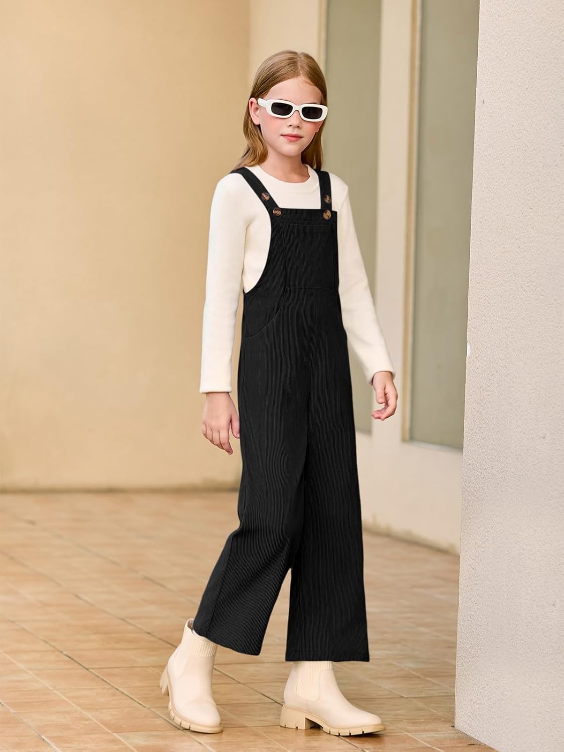 Haloumoning Girls Corduroy Overalls Kids Cute Adjustable Straps Wide Leg Jumpsuit with Pockets 5-14 Years - Image 3