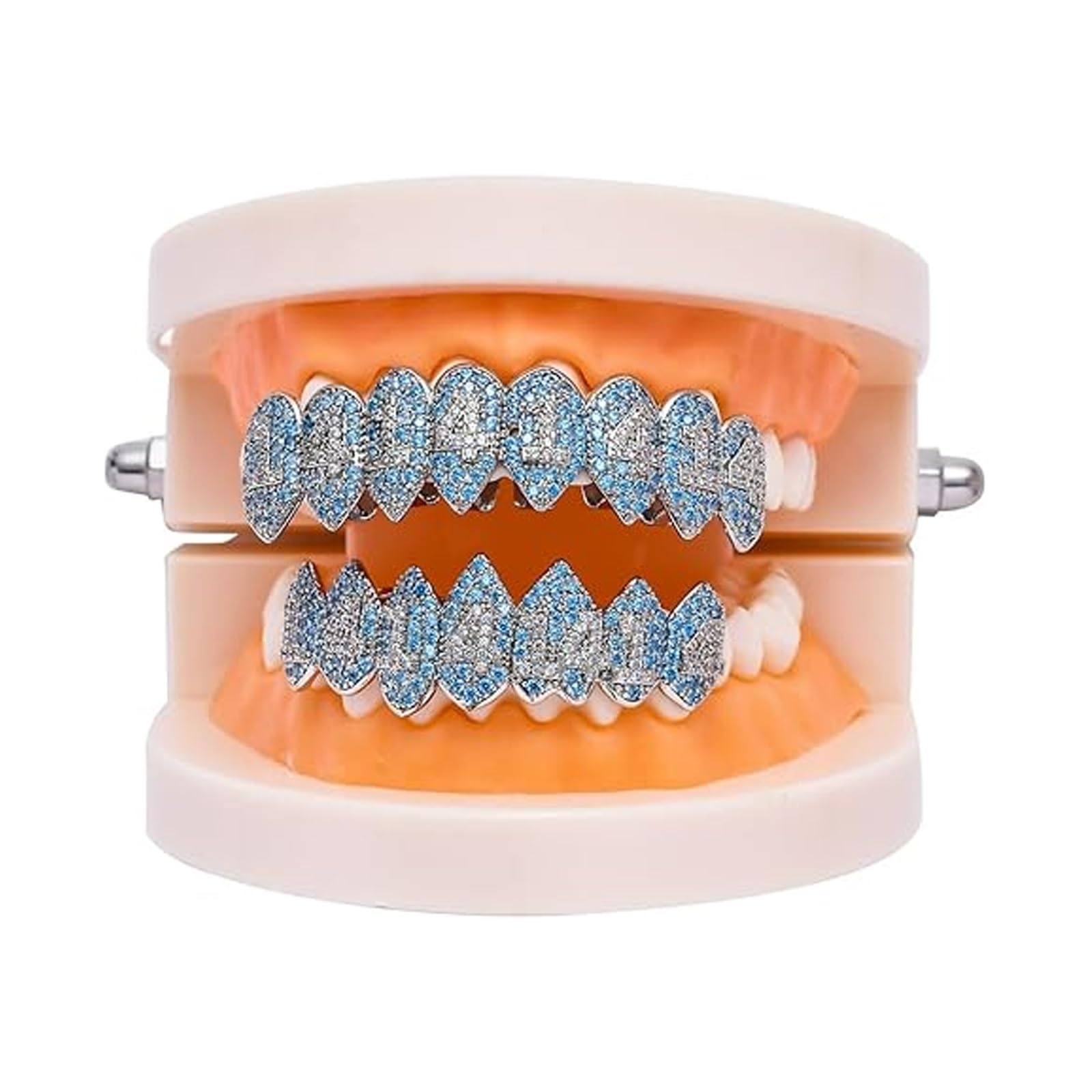 Grillz Hip Hop Placcati Oro con Strass CZ Blu & Bianco - Set di Dentari Superiori & Inferiori Regolabili Brillanti per Feste & Spettacoli