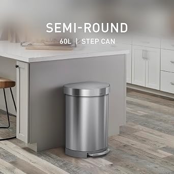 simplehuman Semi-Round Step Can, 60L / 15.9 Gallon Large-Capacity Kitchen Trash Can, Liner Rim, Liner Pocket, 150,000-Step Pedal, Lid Shox Silent Close, Brushed Stainless Steel
