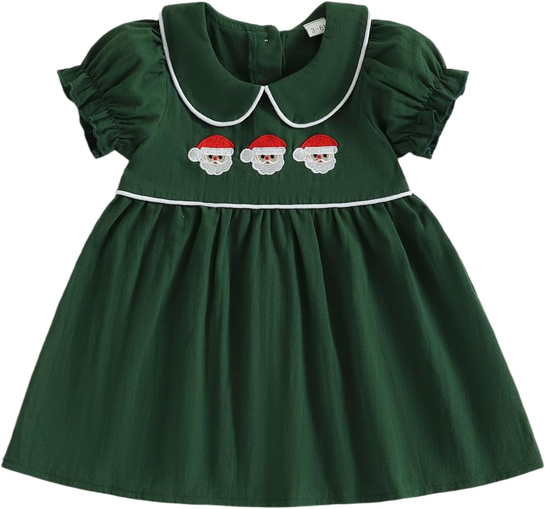 Toddler Infant Baby Girl Christmas Outfit Short Sleeve Doll Collar Santa Embroidery Smocked Dress Fall Xmas Outfit