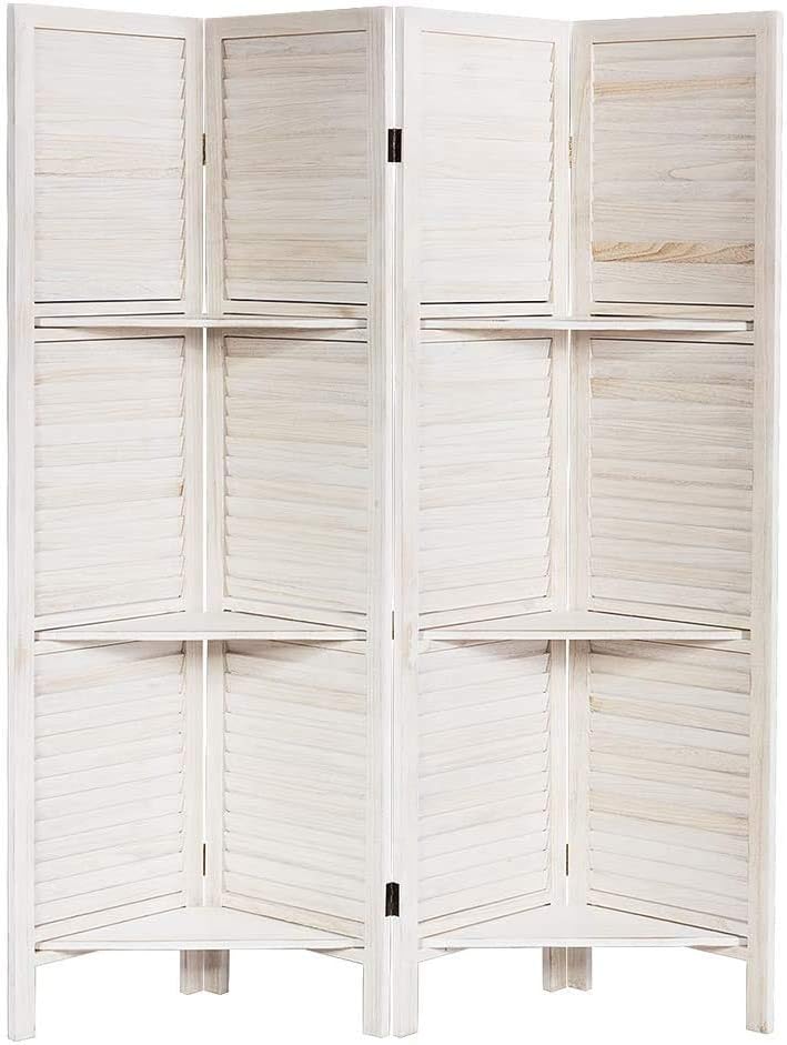 Happygrill Divisor de habitación de 4 paneles con estante de exhibición, pantalla de privacidad plegable para separación de habitaciones, oficina en