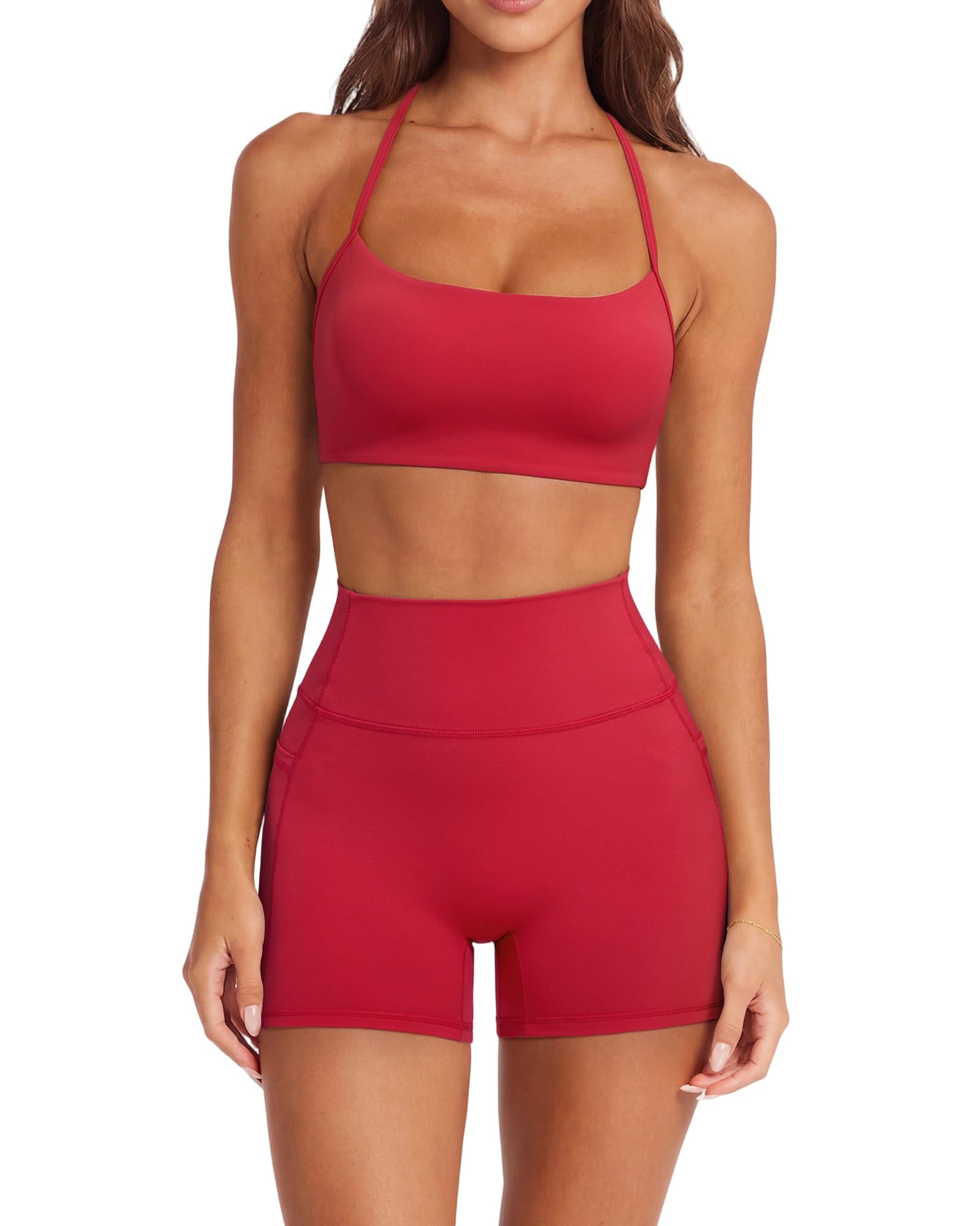 SUUKSESS Women 2 Piece Workout Sets Padded Halter Sports Bras High Waisted Biker Shorts with Pockets