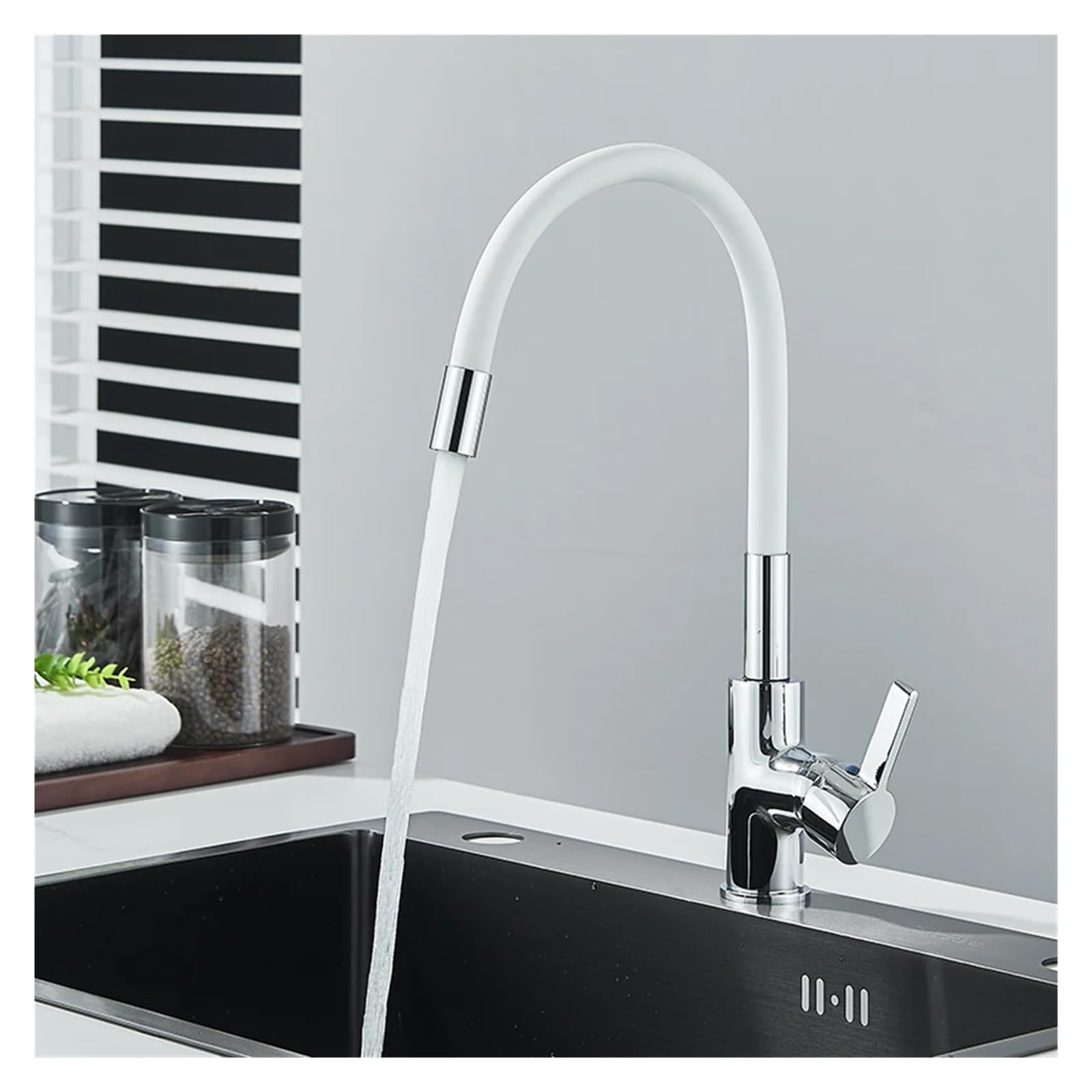 Robinet de cuisine flexible blanc et chrome pour évier mono-commande