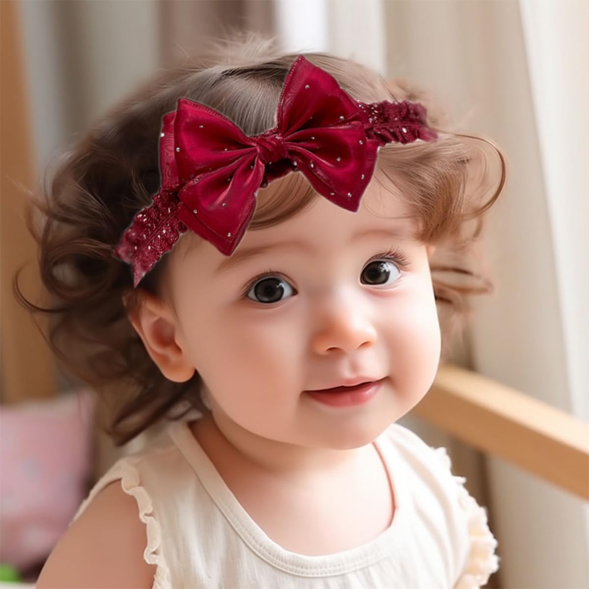 Lace Bow Baby Girl Headband Cute Gauze Bow-Knot Hair Band Elastic Turban Head Wrap Soft Lace Rhinestone Crystal Hair Accessory for Newborn Infants Toddler (Red, Standard size) - Image 2