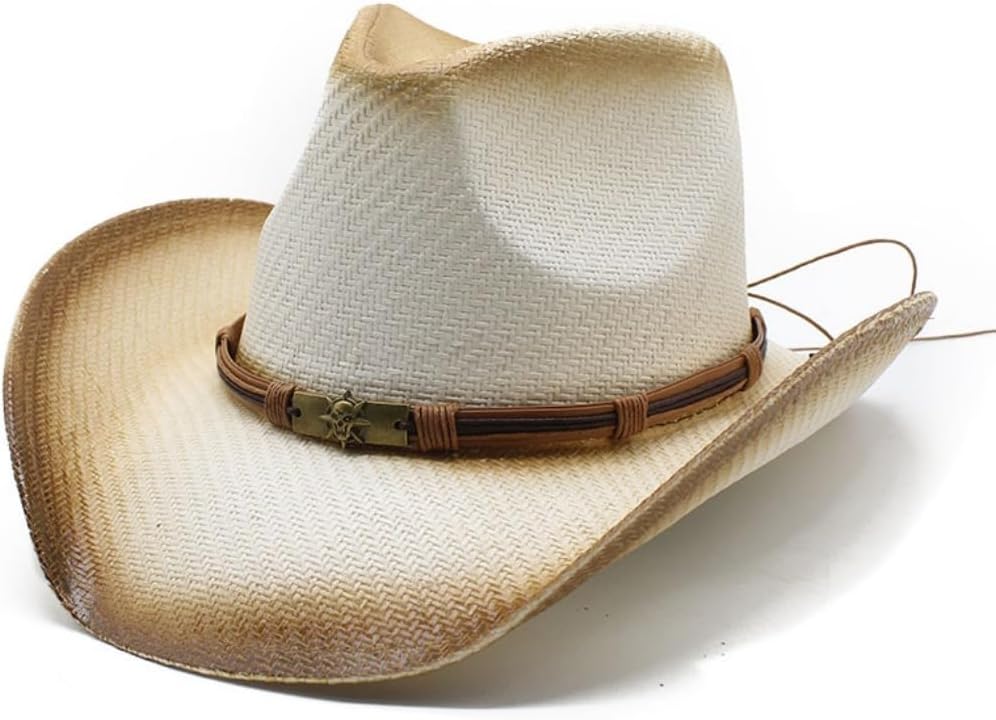 Western Cowboy Hat, Straw Material, Two-Tone Brown and White, Braided Band