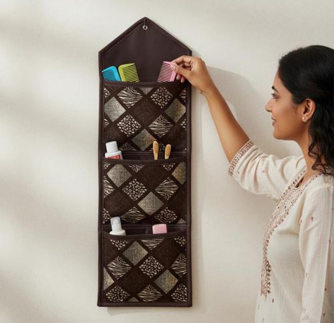Wall Hanging Organiser, Brown, Diamond Print Fabric, Multi-Pocket Storage for Bathroom Accessories-image-28