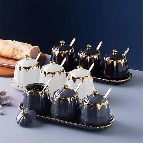 Miniatura 8 de Azucarero con tapa y cuchara, recipiente de cerámica para condimentos con bandeja, juego de recipientes de azúcar y sal, tarros de especias