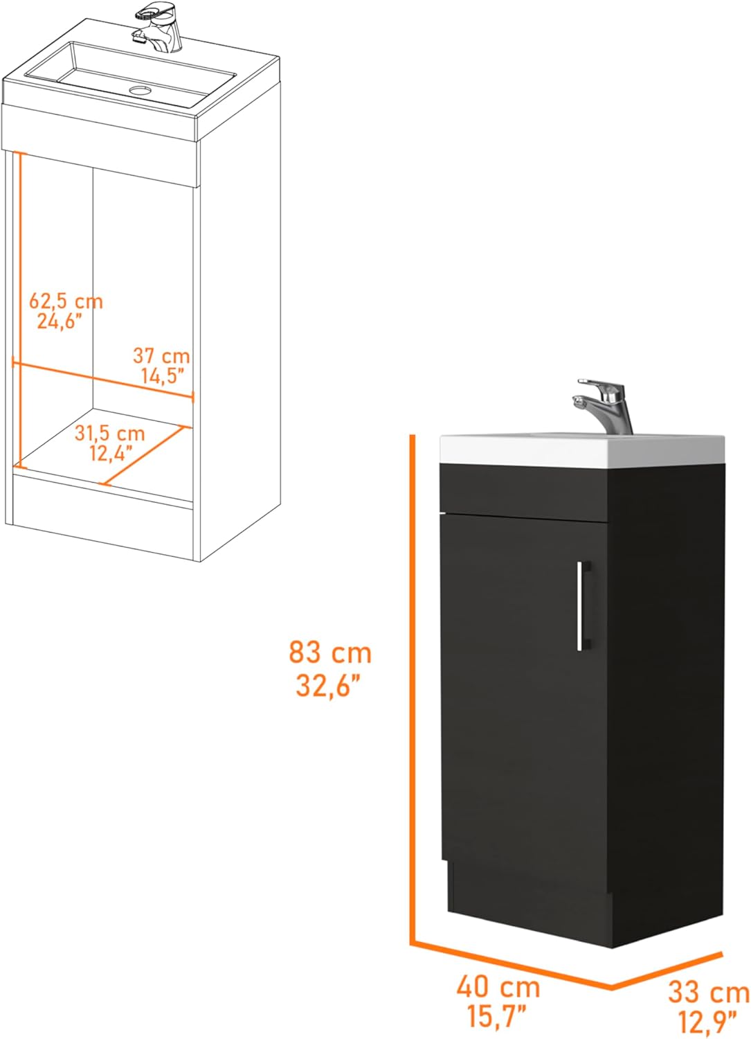 Toledo Single Door Bathroom Vanity Cabinet, 15.7“ Small Bathroom Cabinet with Sink Combo, Metal Handle with Sink Top