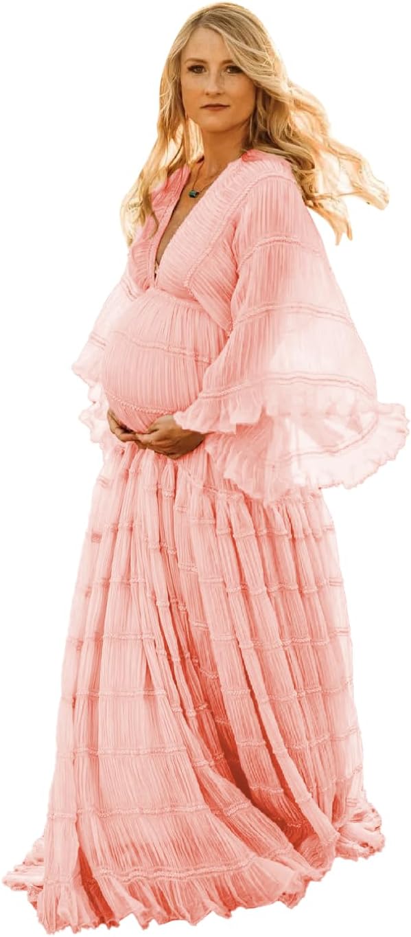 Tulle Maternity Robe for Photoshoot V Neck Long Sleeve Pregnancy Baby Shower Dress Puffy Slit Bridal Lingerie