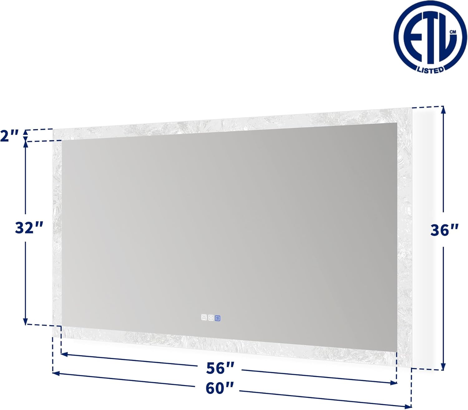 ExBrite 60"X36" LED Bathroom Mirror with Glass Ice Texture, Framed Lighted Mirror Wall Mounted LED Vanity Mirror with Front Light and Backlit,Anti-Fog, 3 Colors Stepless Dimmable,Memory