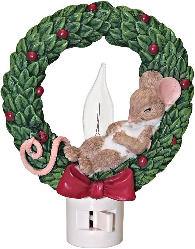 Charming Tails Mouse Sleeping Inside Wreath 5.75 Swivel Base Plug-in Flickering Nightlight