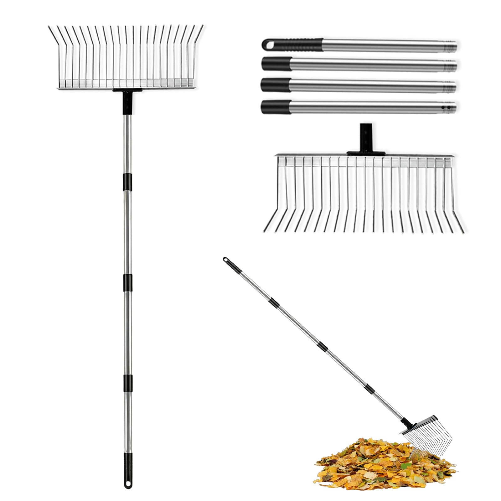 Rastrillo para Jardín, Rastrillo Jardin Metal con Acero Inoxidable 160 cm, Rastrillo de Deshierbe Rastrillo 21 Dientes, Cabezal Pequeño de 40 cm, Rastrillo para Jardín, Césped, Arbusto