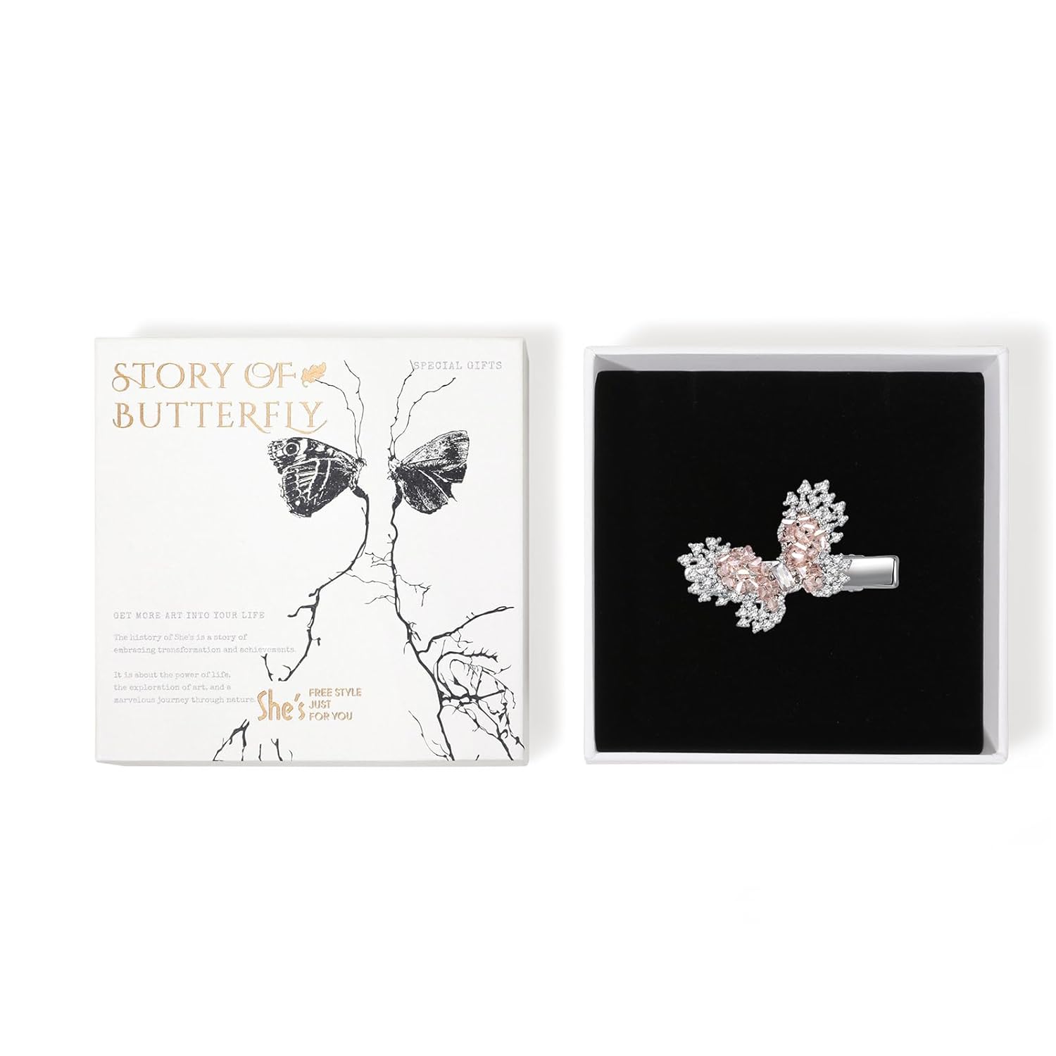 Butterfly Hair Clip for Women, SHE'S FREE STYLE JUST FOR YOU Handmade Embroidered Crystals & Hand Dripping Oil Leaves Side Clip, Original Hair Clips for Women, Luxurious Butterfly Hair Accessory