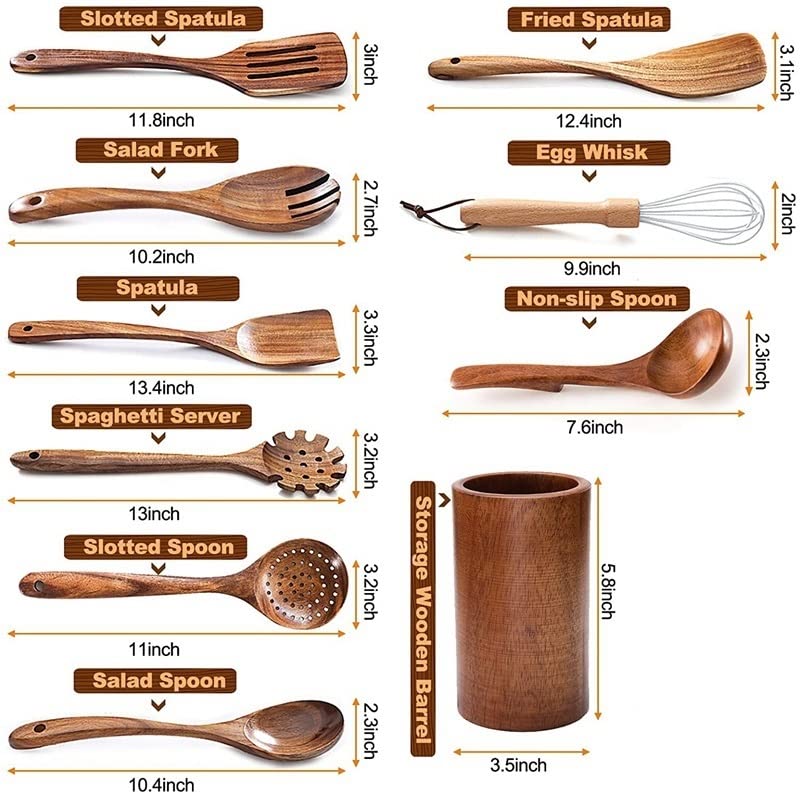 Juego de cucharas de madera de 10 piezas con soporte para sartén antiadherente 7