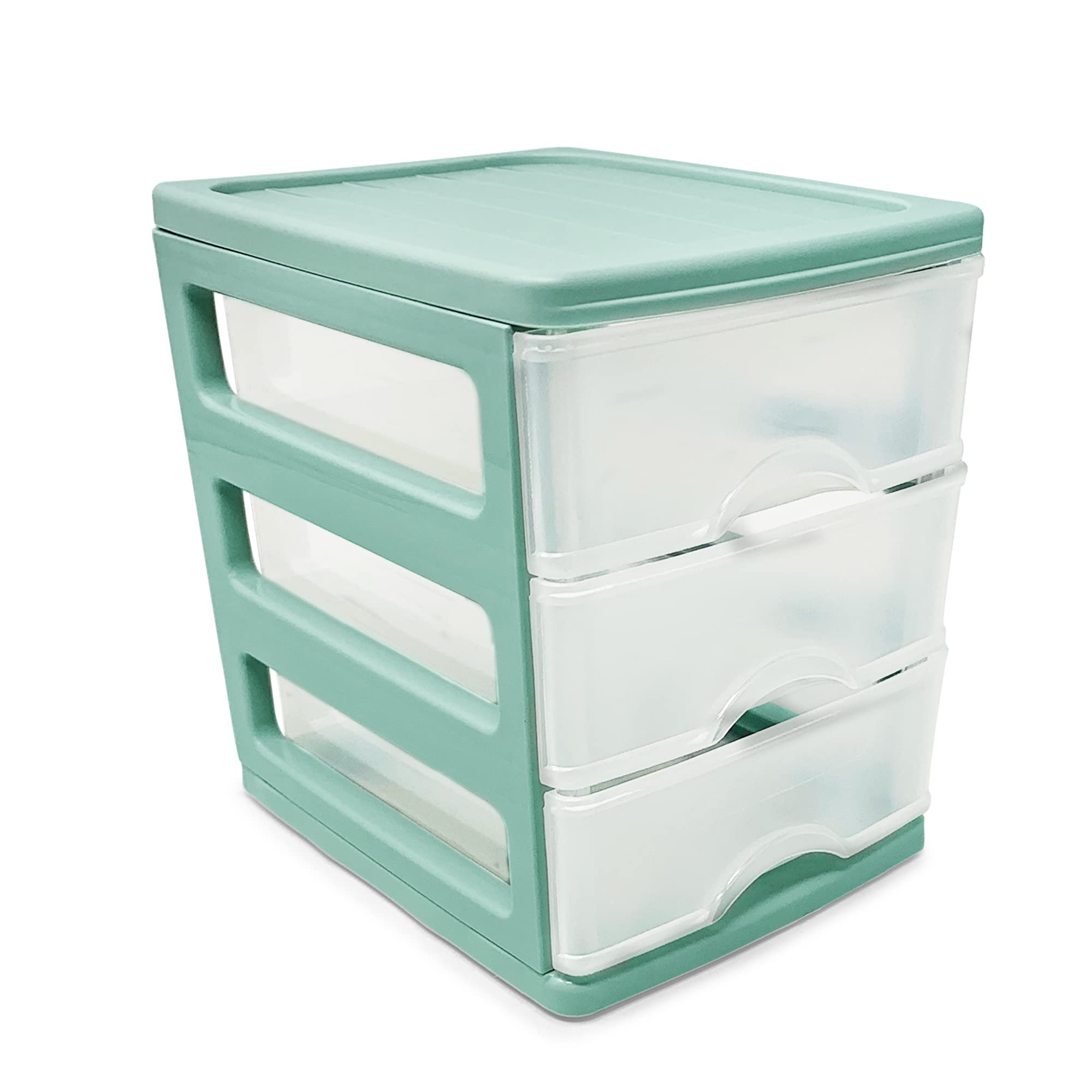 Plastic Desktop Storage Unit with Drawers, Stationary Arts Drawer Desktop Tabletop Organiser Storage Tower Unit for Office Bedroom Garage ((17 x 13.5 x 17cm, Mint Green with 3 Clear Drawers)) — view 8