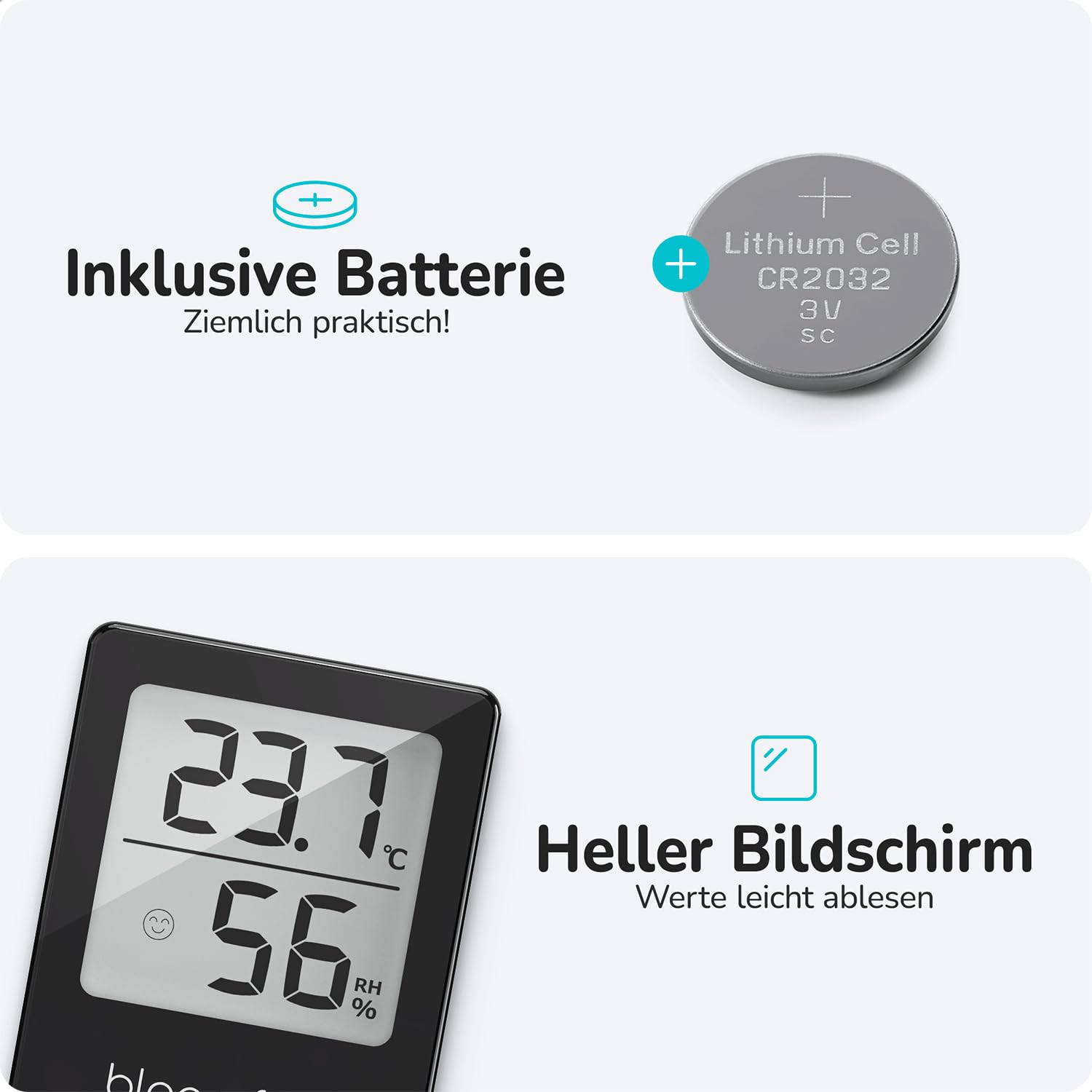 Image showing the Bloomfold hygrometer and a CR2032 lithium cell battery, indicating battery is included.