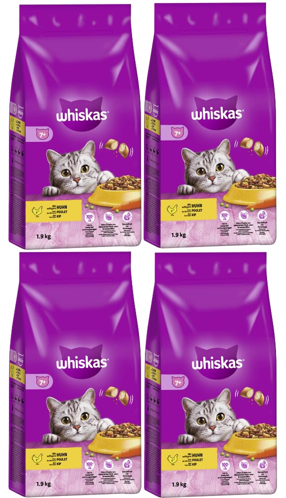 WHISKAS 7+ mit Huhn Katzenfutter Trockenfutter (4x1,9kg, Huhn)