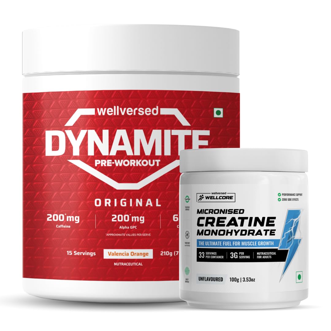 Wellcore Creatine Monohydrate Powder (100Gm, 33 Servings, Unflavoured)+Dynamite Pre-Workout Powder (210G, 15 Servings, Valencia Orange) (B0D7QL8TQJ) Amazon Price History, Amazon Price Tracker