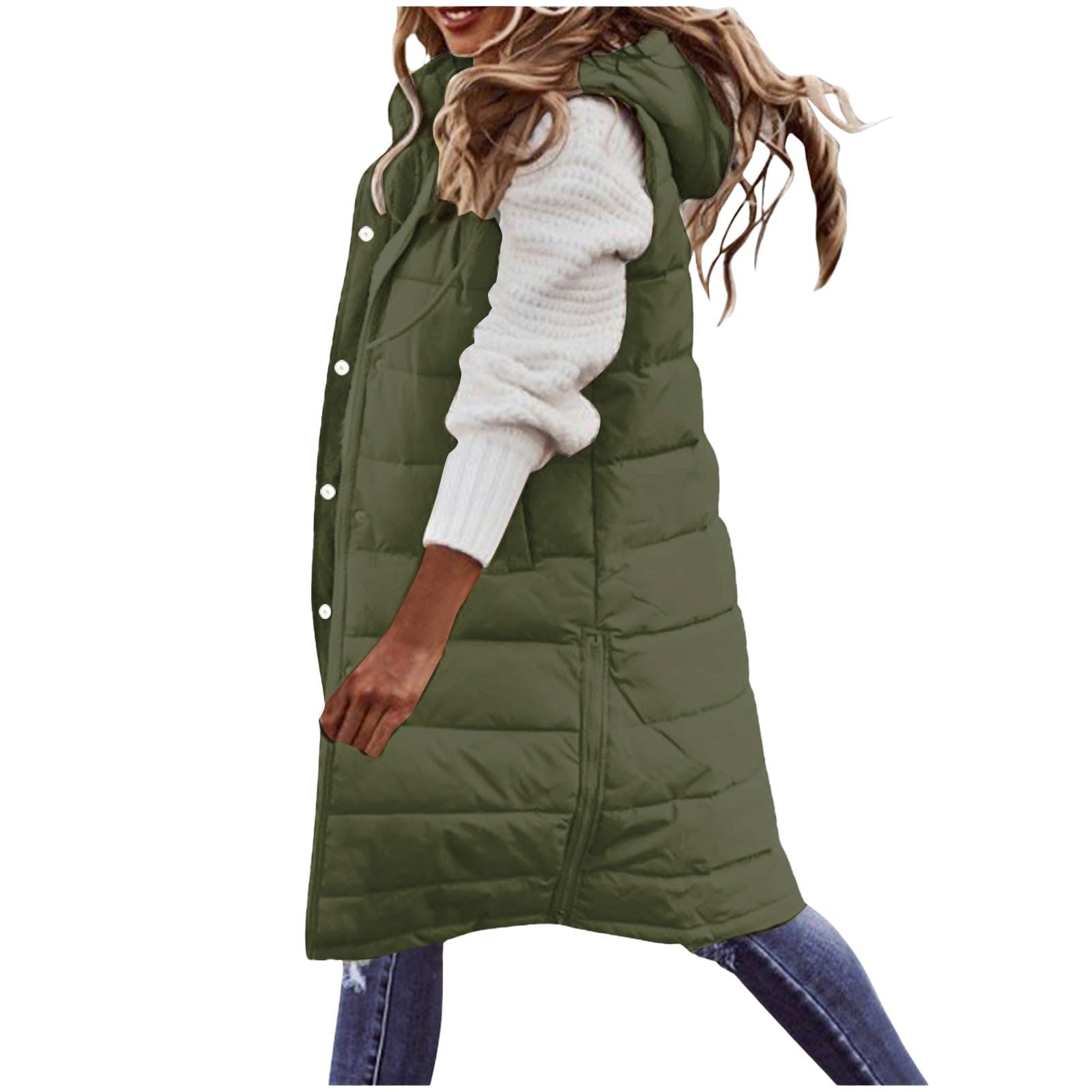 Chaleco largo sin mangas con cremallera para mujer, chaleco largo acolchado con capucha para mujer, chalecos gruesos de color sólido, chalecos clásicos de moda, cómodos y térmicos, chaquetas sin